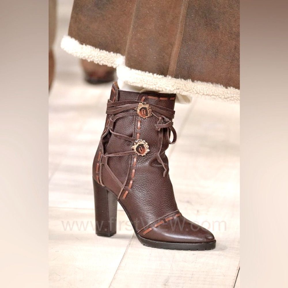 Ralph Lauren Collection Fall 2015 Brown Tumbled  Leather Boot with Horn Buttons